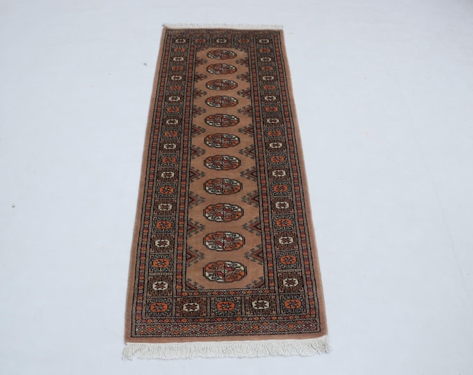 2 X 6 ft Copper Geometrical Handmade Runner, Mori Bokhara Cotton and Wool