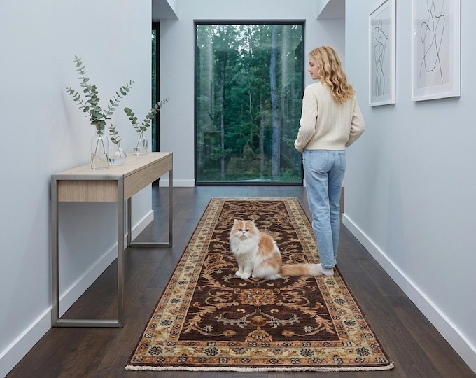 2.7 X 7.7 ft Brown and Beige Floral Handmade Runner ,Heriz Cotton and Wool