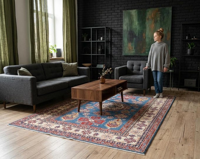 5.7 X 7.10 ft Blue and Beige Geomatrical Handmade , Super Kazak Cotton and Wool