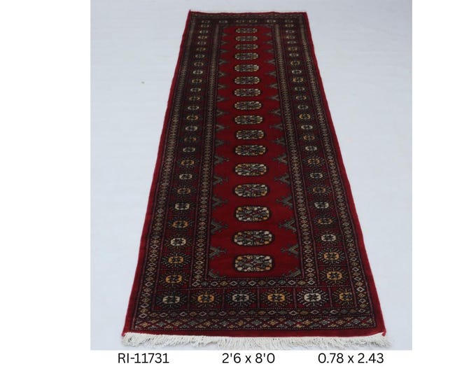 Hand-Knotted Mohri Bokhara Rug, Red Geometric Cotton & Wool, 2.6 x 8.0 ft