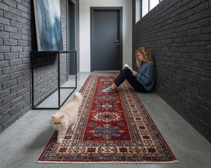 2.8 X 8.2 ft Red and Beige Geomatrical Handmade Runner, Super Kazak Cotton and Wool