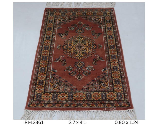Hand-Knotted Wool and Silk Touch Rug, Copper and Yellow Geometric Design, 2.7 x 4.1 ft
