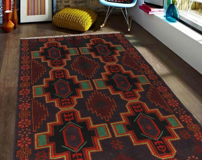 Hand-knotted Baluchi Blue and Orange, 3.93 x 6.56 ft