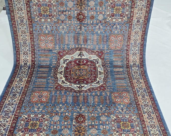 5 X 7 ft Handmade Geometrical Super Kazak Rug, Blue and Beige, Cotton and Wool