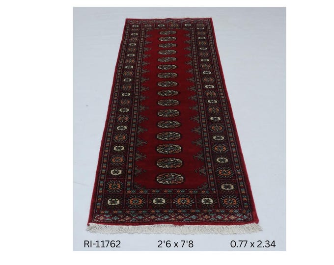 Hand-knotted Mohri Bokhara Cotton and Wool Rug, Geomatrical in Red base and Red border, 2.6 x 7.8 ft