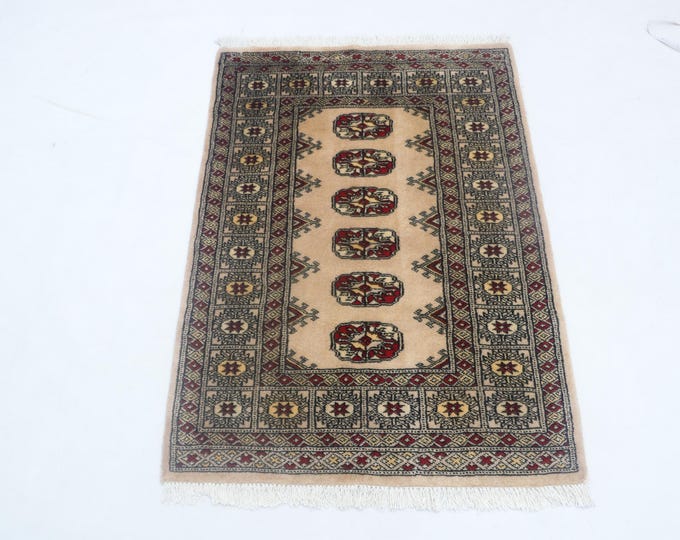 2.6 X 3.8 ft Beige Geomatrical Handmade , Mori Bokhara Cotton and Wool