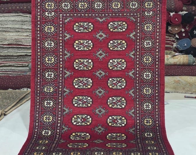 3 X 5 ft Red Geometrical Handmade, Mori Bokhara Cotton and Wool