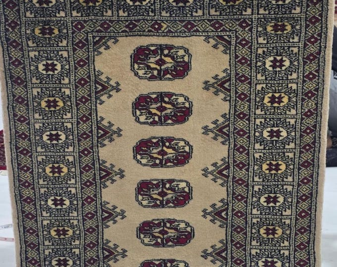 2.5 X 4 ft Beige Geometrical Handmade, Mori Bokhara Rug Cotton and Wool