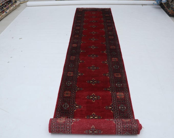 2.6 X 15.5 ft Red Geomatrical Handmade Runner, Mori Bokhara Cotton and Wool