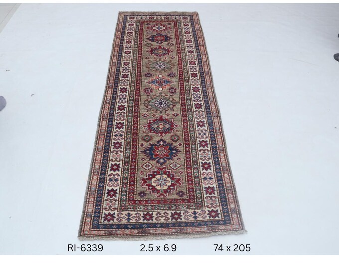 Hand-knotted Kazak Wool Rug, Brown Beige Geomatrical, 2.5 X 6.9 ft