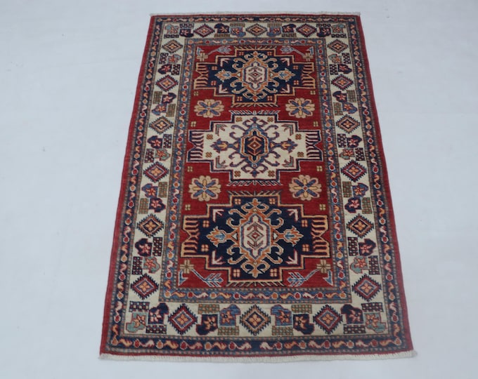 2.9 X 4.4 ft Red and Beige Geomatrical Handmade , Super Kazak Cotton and Wool