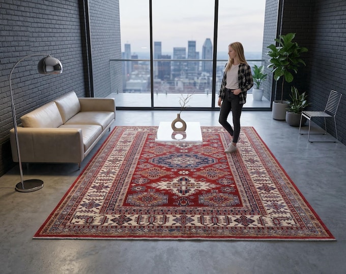 6.6 X 9.5 ft Red and Beige Geomatrical Handmade , Super Kazak Cotton and Wool