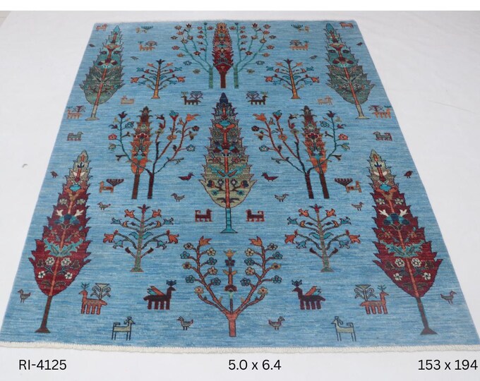 Hand-knotted Khurjeen Cotton and Wool Rug, Floral in Blue base and Blue border, 5.0 X 6.4 ft