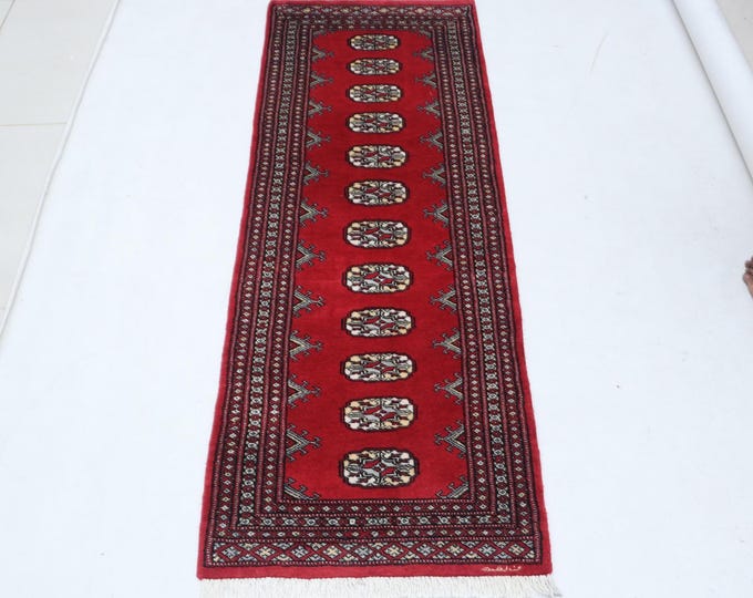 2.0 X 5.8 ft Red Geomatrical Handmade, Mori Bokhara Cotton and Wool