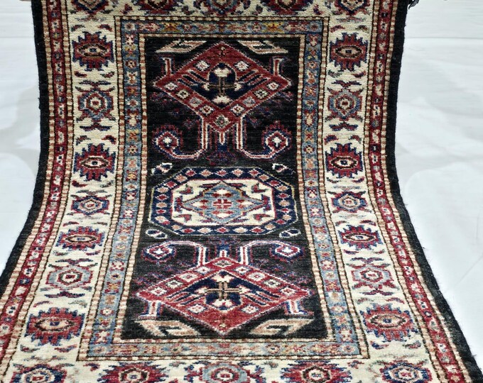 2 X 3 ft Handmade Geometrical Super Kazak Rug, Black and Beige, Cotton and Wool