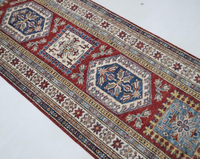8 Ft Red Kazak Rug Runner, Hand-Knotted Afghan Wool, Geometric