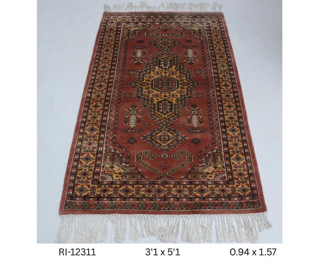 Hand-Knotted Wool & Silk Touch Rug, Red Geometric Design, 3.1 x 5.1 ft