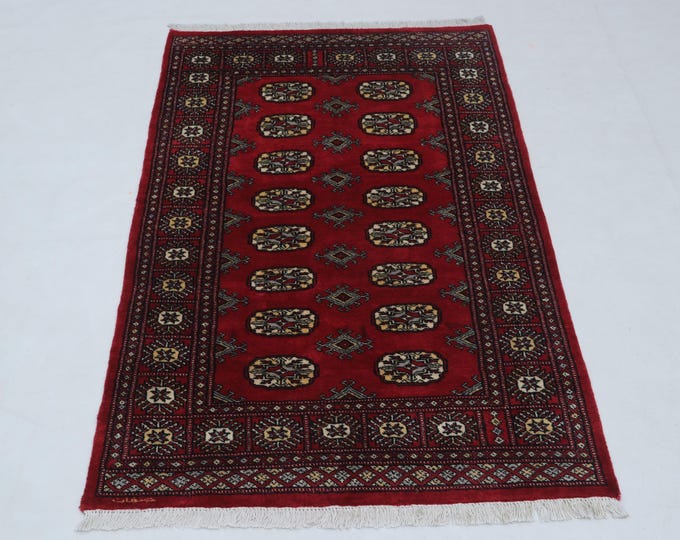 3 X 5 ft Red Geomatrical Handmade, Mori Bokhara Cotton and Wool