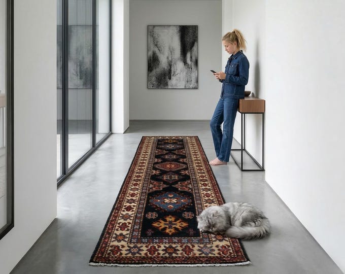 1.10 X 6.2 ft Black and Beige Geomatrical Handmade Runner , Super Kazak Cotton and Wool