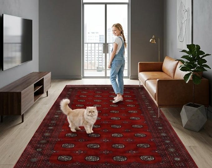 6.9 X 9.11 ft Red Geomatrical  Runner Handmade, Mori Bokhara Cotton and Wool