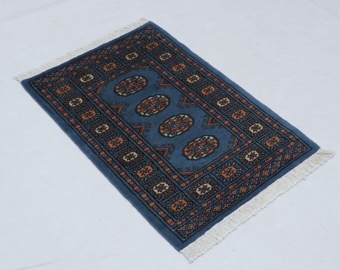2 X 3 ft Blue Geometrical Handmade, Mori Bokhara Cotton and Wool