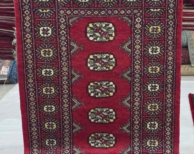 2.5 X 4 ft Red Geometrical Handmade, Mori Bokhara Rug Cotton and Wool