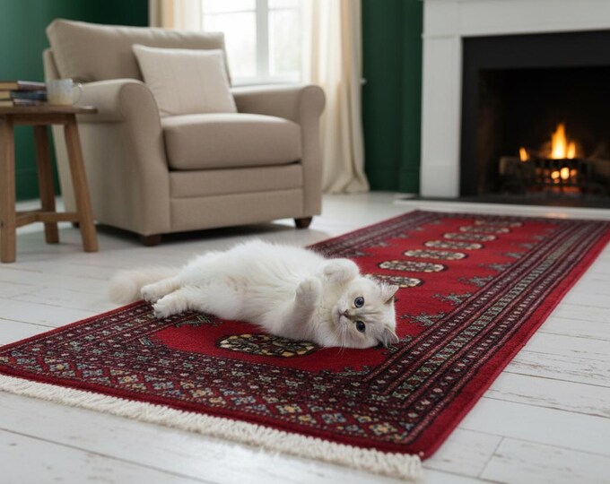 2.1 X 5.6 ft Red Geomatrical Runner Handmade, Mori Bokhara Cotton and Wool