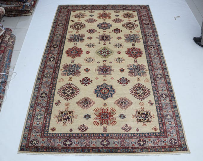 6.4 X 9.11 ft Beige and Gray Geomatrical Handmade , Super Kazak Cotton and Wool