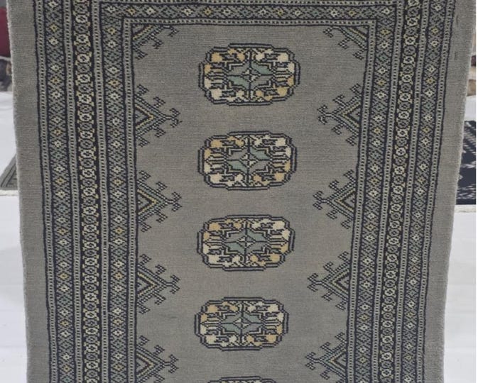 2 X 3 ft Gray Geometrical Handmade, Mori Bokhara Cotton and Wool
