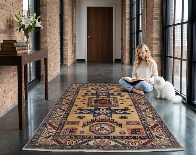 3.1 X 5.9 ft Brown and Beige Geomatrical Handmade , Super Kazak Cotton and Wool