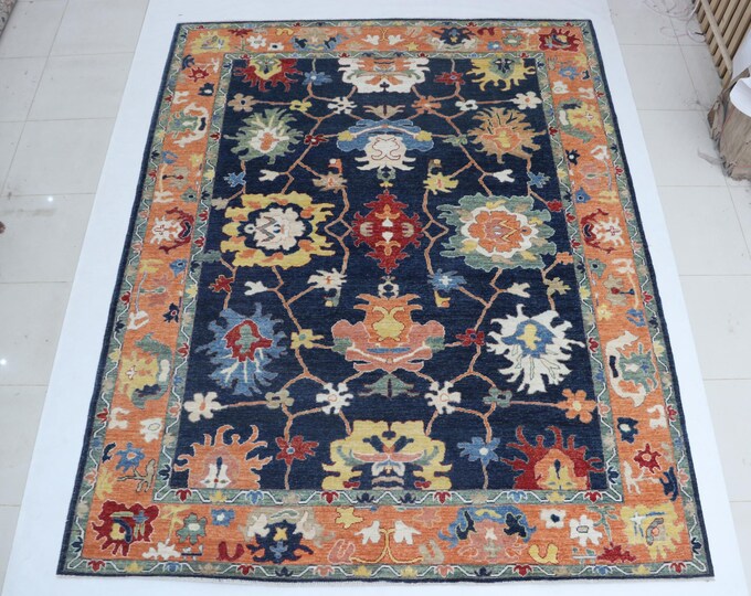 9.2 X 11.8 ft Blue and Copper Floral Handmade ,Oshak Wool