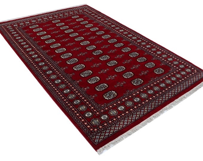 5 X 8 ft Red Geometrical Handmade , Mori Bokhara Cotton and Wool