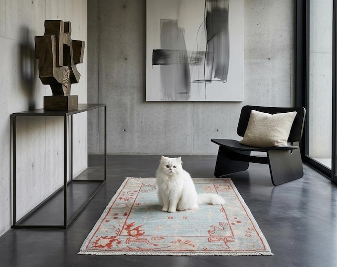 2.3 X 3.1 ft Beige and Blue Floral Handmade ,Heriz Cotton and Wool