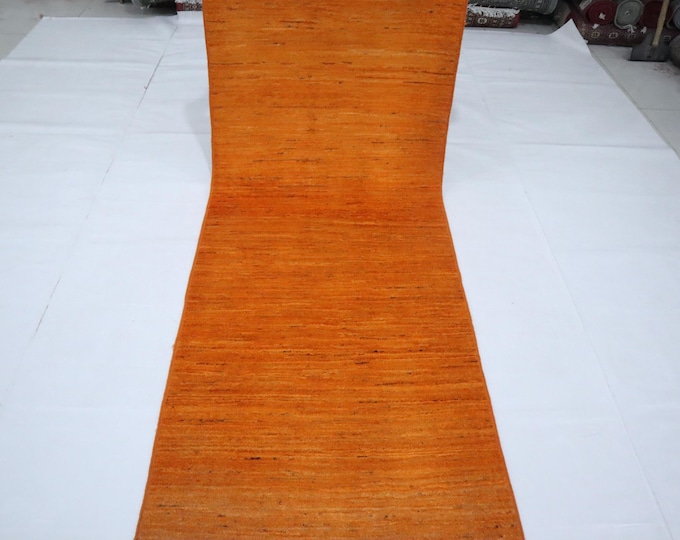7 Ft Orange Gabbeh Runner Rug – Afghan Handmade Wool, Striped