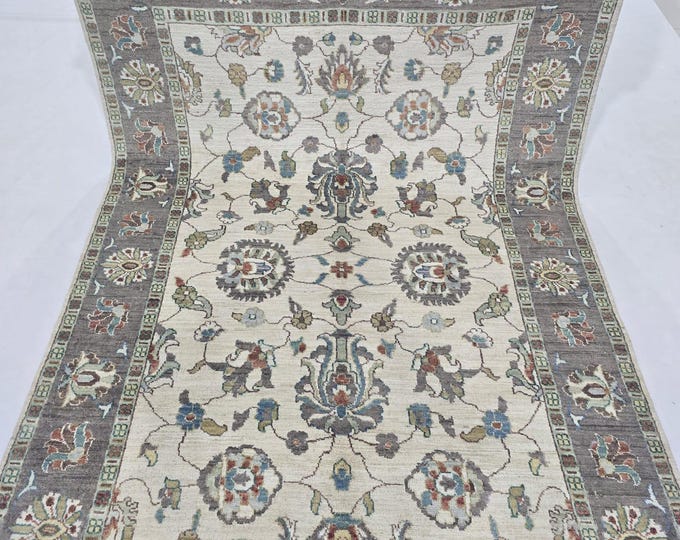 5 X 8 ft Handmade Floral Chobi Rug, Beige and Brown, Cotton and Wool
