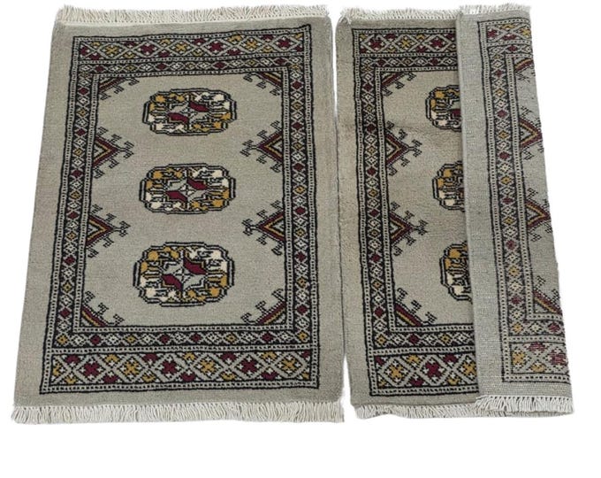 1.5 x 2 ft Geometrical Handmade, White Mori Bokhara Rug Cotton and Wool (2  pieces)