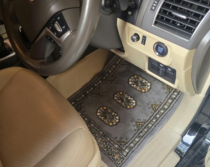 1.5 X 2 ft Geomatric Handmade Car Mats Pair, Gray Wool Car Floor Rugs, Cotton and Wool