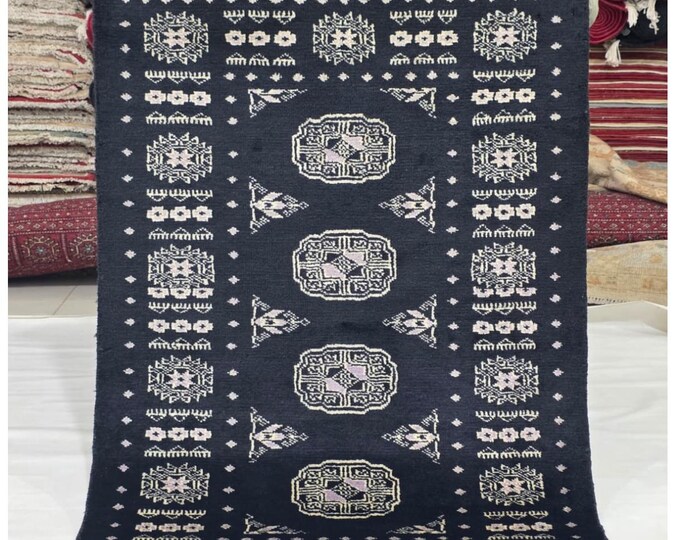 2.5 X 4 ft Black Geometrical Handmade, Mori Bokhara Rug Cotton and Wool