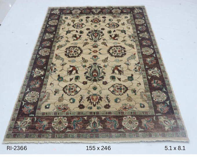 5 X 8 Beige and Brown Floral Handmade, Chobi Cotton and Wool