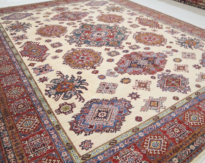Beige 8x10 Kazak Rug – Hand-Knotted Afghan Wool, Geometric Design