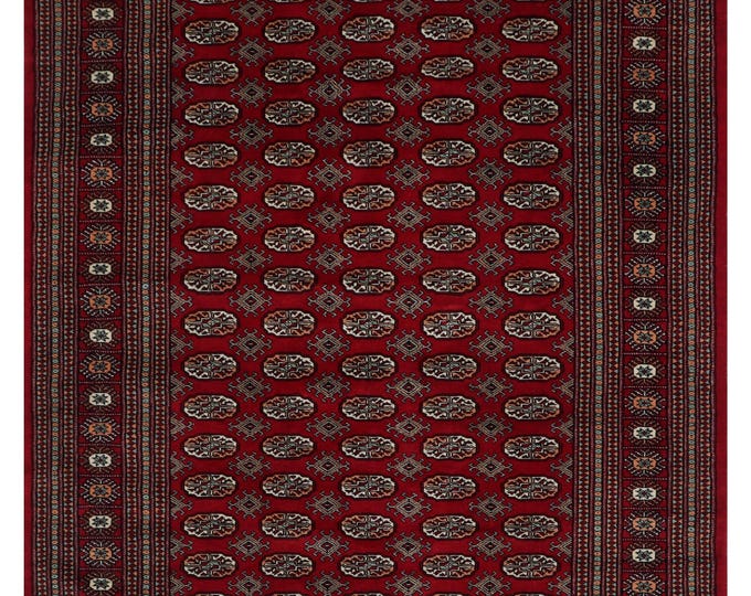 6 X 9 ft Red Geometrical Handmade , Mori Bokhara Cotton and Wool