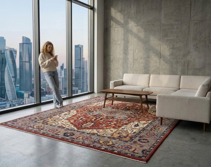 7.11 X 9.8 ft Red and Gray Floral Handmade ,Heriz Cotton and Wool