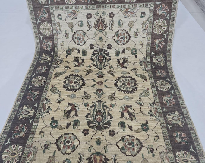 5 X 8 ft Handmade Floral Chobi Rug, Beige and Brown, Cotton and Wool