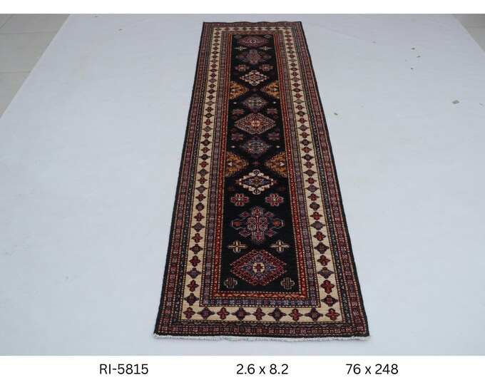 Hand-Knotted Super Kazak Rug, Black & Beige, 2.6 x 8.2 ft