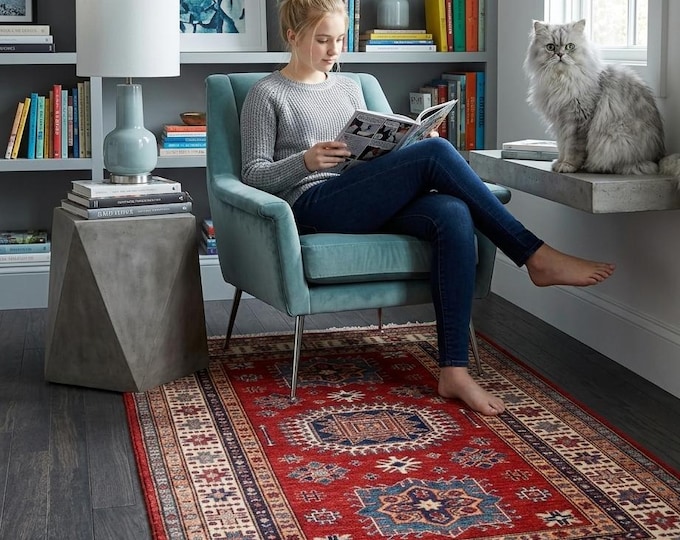 3 X 5 ft Red and Beige Geomatrical Handmade, Super Kazak Cotton and Wool