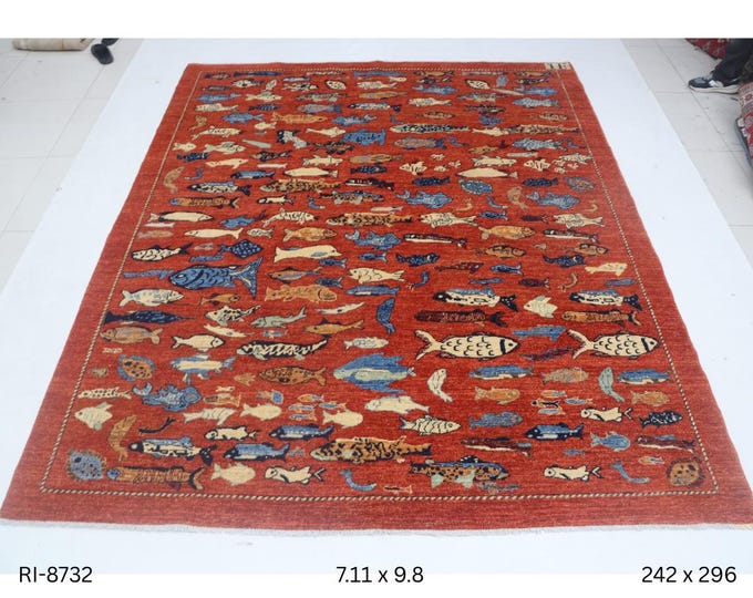 Hand-knotted Oshak Wool Rug Floral  in Blue Red and Red border, 7.11 x 9.8 ft