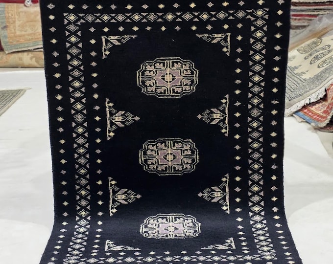 2 X 3 ft Black Geomatrical Handmade, Mori Bokhara Cotton and Wool