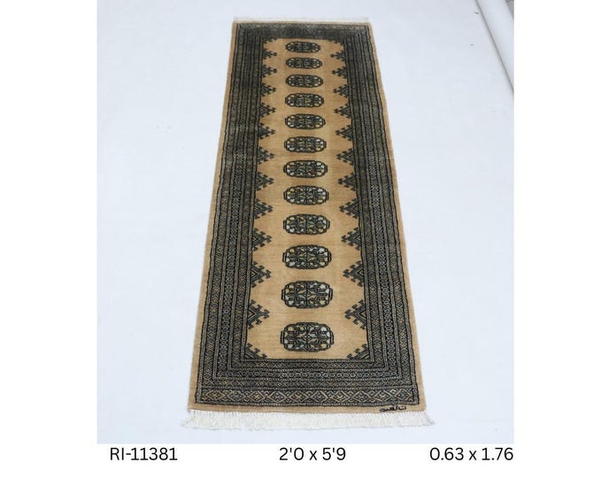 Hand-knotted Mohri Bokhara Cotton and Wool Rug, Geomatrical in Beige base and Beige border, 2.0 x 5.9 ft