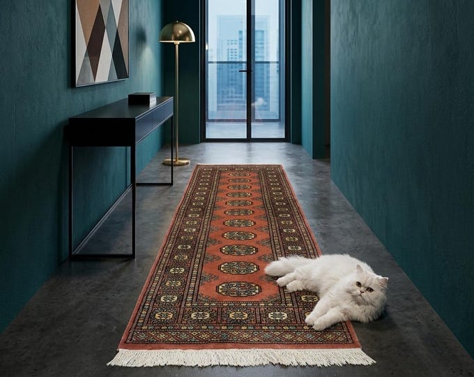 2.1 X 5.11 ft Copper Geomatrical Handmade Runner, Mori Bokhara Cotton and Wool