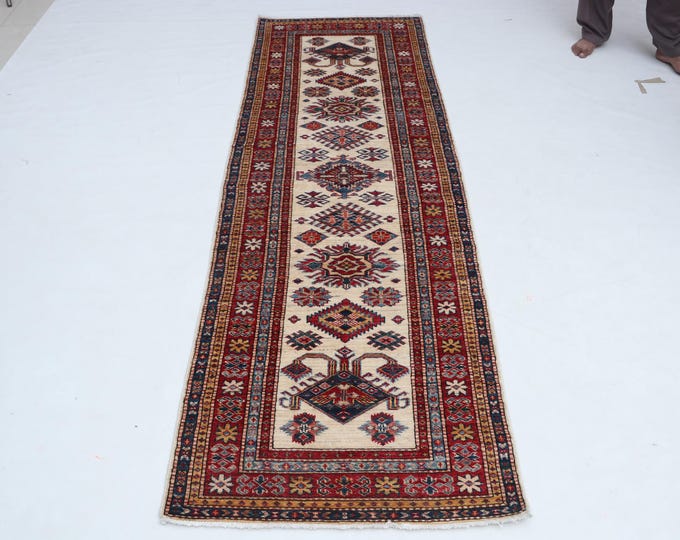 2.8 X 8.1 ft Beige and Red Geomatrical Handmade Runner, Super Kazak Cotton and Wool